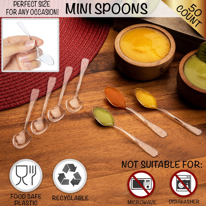 LSR LORESO Loreso Plastic 50CT Mini Clear Dessert Spoons For Miniature Dessert Cups, Tasting Party, Sampling, Ice Cream, Small Catering Supplies - Reusable BPA Free Pack of 50 - Image 2